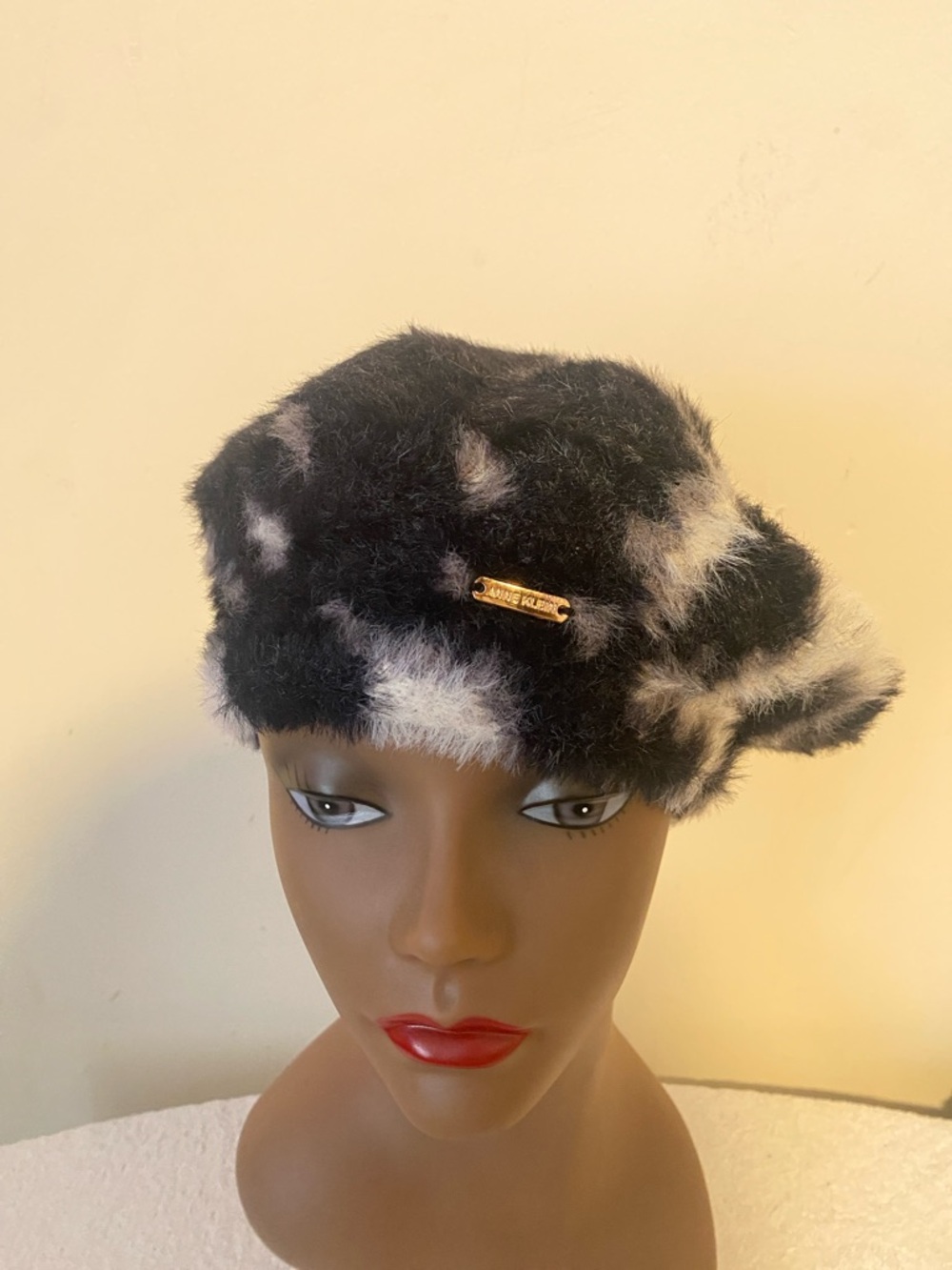 Anne Klein Fuzzy Black & White Beret with Accent Plaque